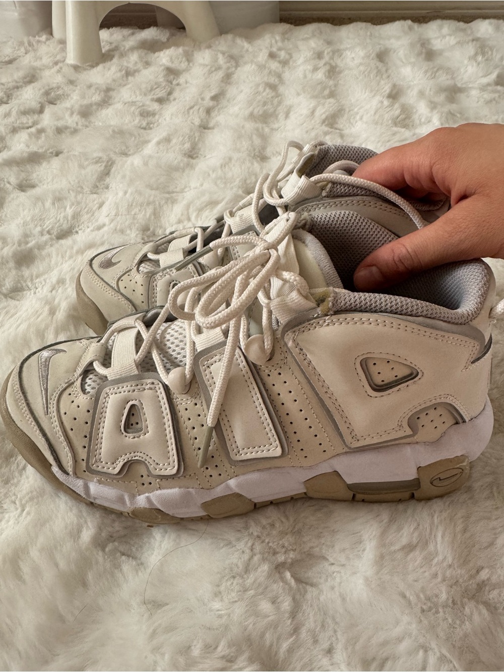 Nikee White and Tan Air More Uptempo Sneakers